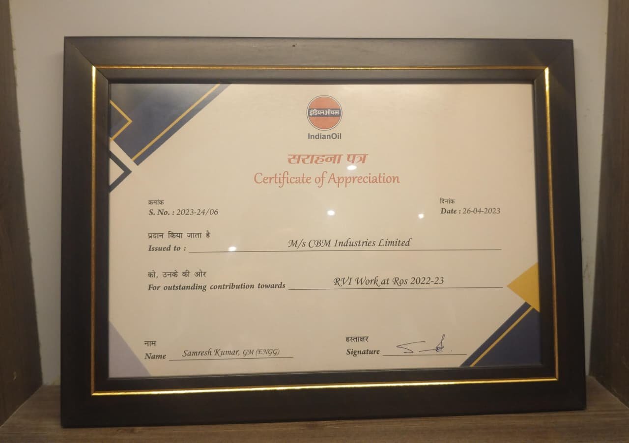 IOCL Certificate Of Appreciation RVI Work At RSO 2022-23